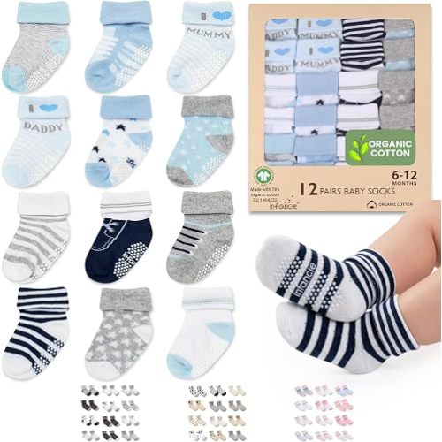 infancie GOTS Certified Organic Cotton Rich Blend Baby Socks 12 Pairs For 6-12 (M) Baby Boy Soft, Stretchable & Comfortable Grip Sock, Premium Newborn Baby Sock, Gift For Little Boys, Blue