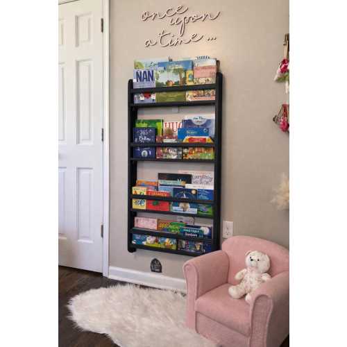 Black Stain Montessori Kids Bookshelf, Solid Pine Book Display, Nursery & Playroom Storage