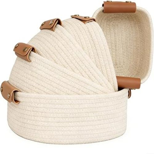 SVNR Beige Storage Baskets Set of 5, Woven Rope Shelf Bins for Organizing - Durable Cube Organizers for Closet, Nursery, Bedroom, Toy Storage with Handles, Modern Home Decor