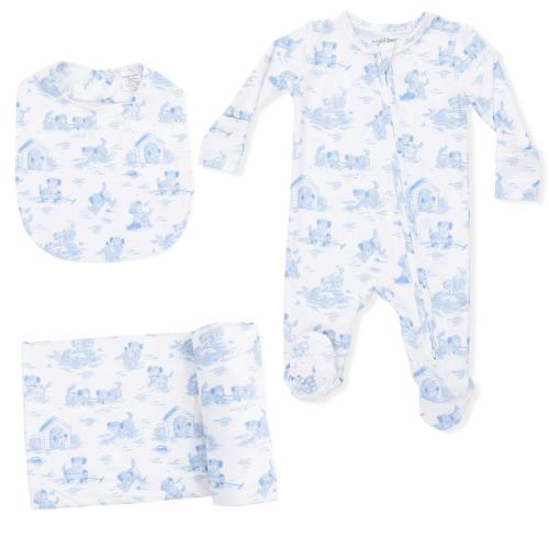 Puppy Toile Blue -  2 Way Zipper Footie, Swaddle  & Bandana Bib Set