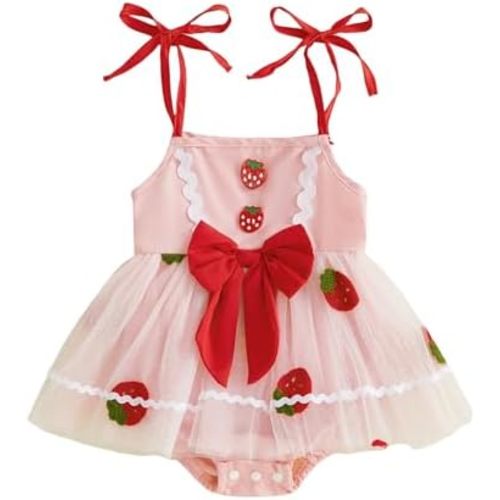 Baby Girl Strawberry Romper Dress Ruffle Sleeveless Floral Dresses Strawberry Birthday Outfit Infant Summer Clothes