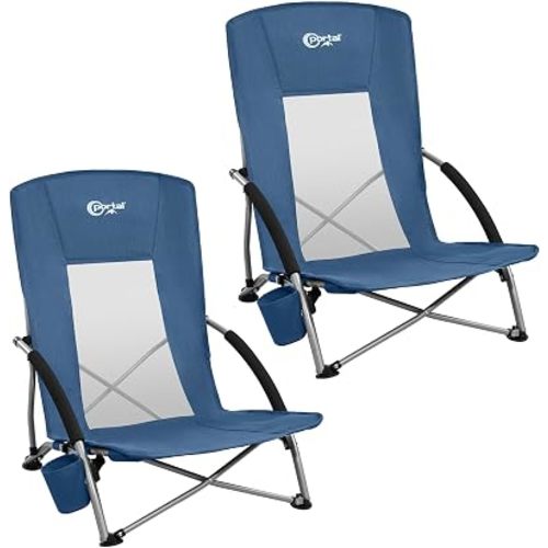 Portal Beach Chairs for Adults Camping Low Lightweight Portable Chair with Cup Holder Mesh Back Carry Bag for Outdoor Sand Lawn Travel Picnic Festival Concert