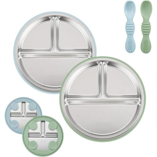 PandaEar 2 Pack Stainless Steel Baby Suction Plates & 2 Pack Spoons, Toddler Utensils Baby Feeding Set, Divided Plates for Baby Led Weaning Supplies, BPA-Free (Blue/Green)