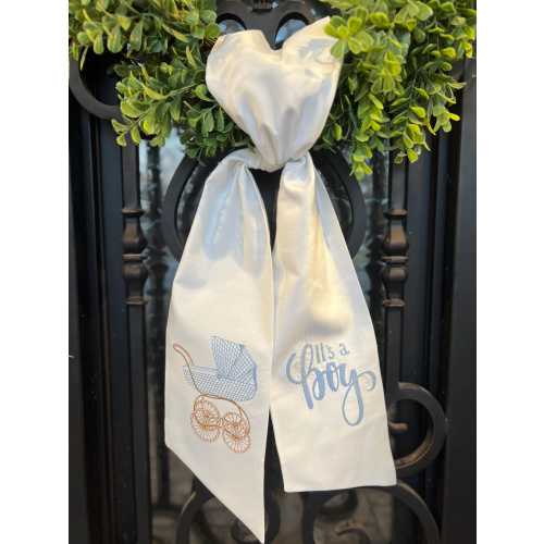 Its A Boy or Its A Girl Hospital Door Hanger Announcement Embroidered Baby Carriage Wreath Sash
