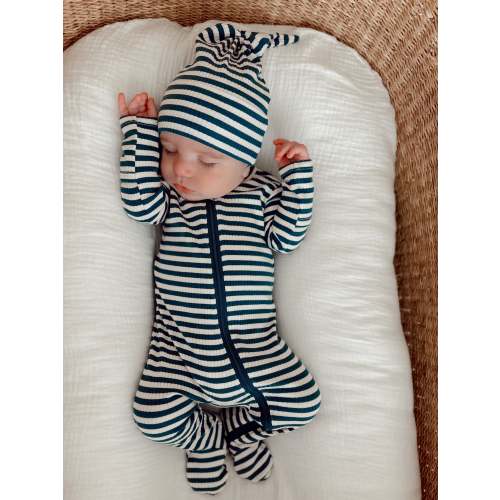 Steel Blue Stripe / Organic Ribbed Zip Footie