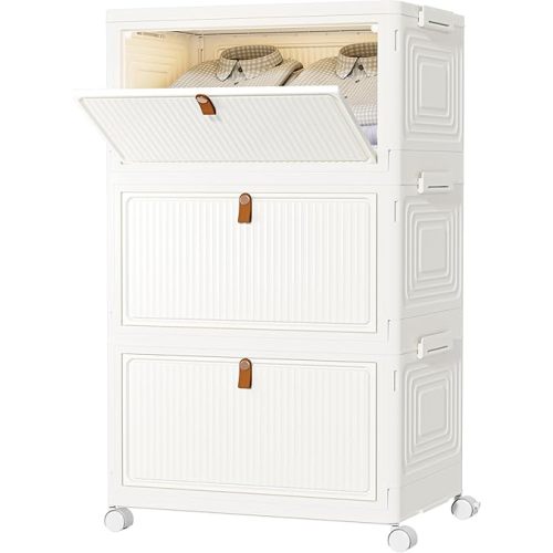 HOMIDEC Closet Organizers and Storage 70Qt 3 Pack Stackable Storage Bins with 1 Lid Closet Organizer Boxes for Clothes Foldable Storage Box for Clothes/Toys/Office Supplies/Snacks(Milky)