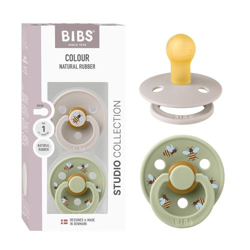 BIBS Pacifiers - Studio Collection | Natural Rubber Baby Pacifier | Set of 2 BPA-Free Soothers | Made in Denmark | Bumblebee/Mushroom Mix | Size 0-6 Months