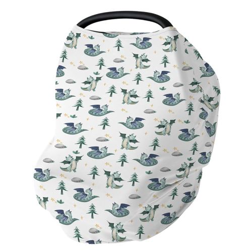 Fairytale Dragon Trees Stars Baby Car Seat Covers Cute Dragons Green Stretchy 5-in-1 Cover Adjustable Infant Carseat Canopy Cover Fantasy Animal Breathable Nursing Cover-Up