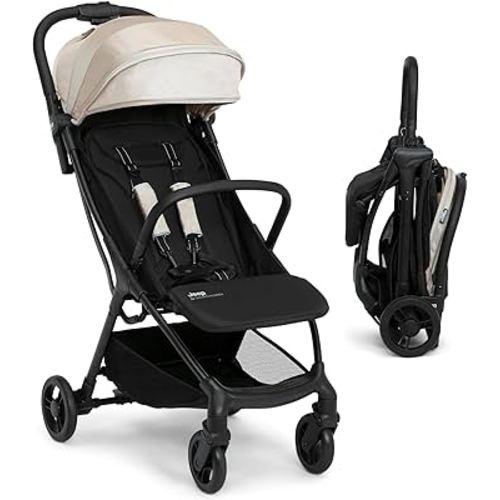 Jeep Altitude Compact Travel Stroller by Delta Children Greenguard Gold, Easy One Hand Fold, Lightweight, Extendable Canopy with Peek-a-Boo Window, Reclining Seat, 4 Wheel Suspension, Tan