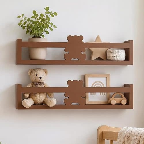 Pinkunn 2 Pcs Brown Teddy Bear Wooden Floating Wall Shelves Wooden Organizer Rack Cute Style Room Decoration Storage Solution for Nursery Bedroom Bathroom Living Room Cafe, 16.5 x 3.9 x 3.5 Inches