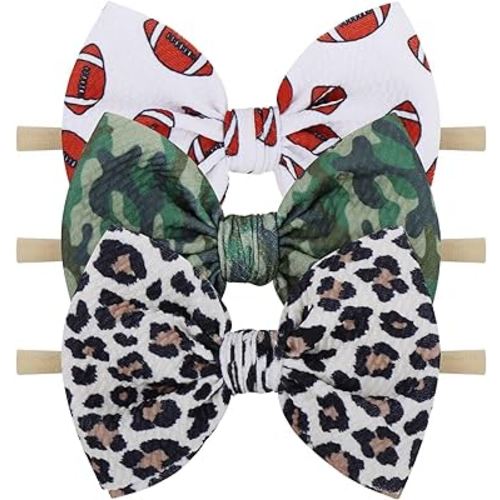 YanJie 3Pcs 4.5" Nylon Hairband for Baby Girls Newborn - Leopard Football Camo Printed Hair Accessories