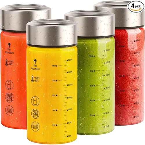 Sursip 16 oz Glass Juice Bottles – 4 Pack Borosilicate Glass Bottles with Lids – Heat-Resistant, BPA Free, Leakproof & Reusable for Juicing, Smoothies, Milk, Protein, Water