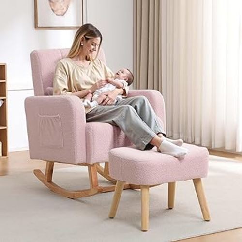 Rocking Chair with Ottoman, Upholstered Glider Rocker Armchair with High Backrest and Side Pocket, Comfy Reading Chair with Solid Wood Legs for Nursery, Living Room,Bedroom, Pink