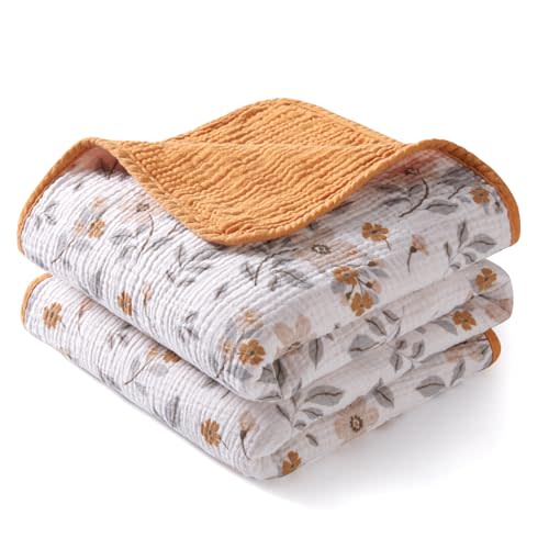 TILLYOU Muslin Baby Blankets for Girls Boys, Cotton Baby Blankets, Soft Breathable and Lightweight 40"X40", Yellow Flower