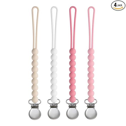 Pacifier Clip for Boys Girls - MORIBOX 4 Pack Paci Clip Soothie Baby Binky Holder for Shower Gift Birthday (Beige+White+Pink+Dpink)