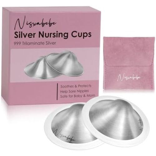 Nisxabebe The Original Silver Nursing Cups-Nipple Shields for Breastfeeding Newborn-Breast Feeding Essentials Must Haves-Nipple Covers to Protect Nursing Nipples,Trilaminate 999 Silver,Regular Size