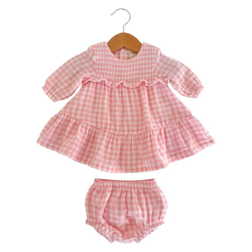 Smocked Ruffle Tiered Dress & Bloomer, Pink Gingham