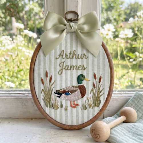 Embroidered Mallard Duck Nursery Decor , Custom Name Baby Announcement Gift, Needle Felt Duck Wall Art, Keepsake For Baby, Best Gift Idea