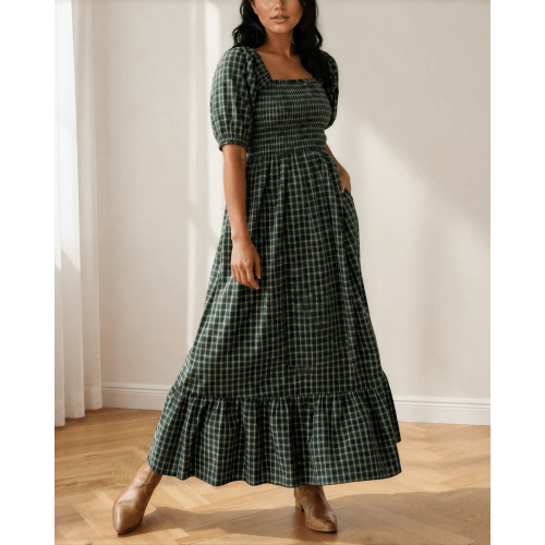 Daisy Plaid Square Neck Shirred High Waist Ruffle Hem Dress