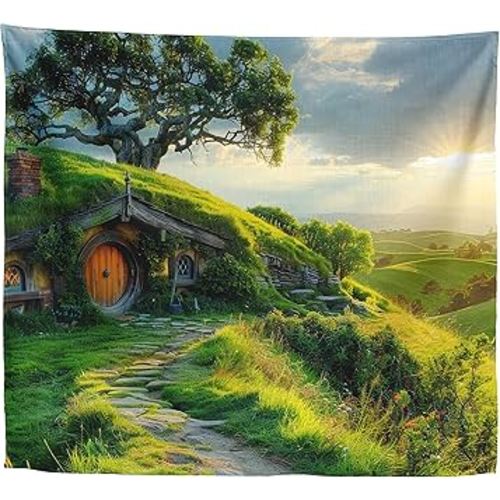 Xolytar Hobbit Style House Tapestry for Bedroom – Green Hill Garden Landscape Backdrop for Ring Lord Fans Party, Fantasy Birthday Decoration, Classroom Reading Corner Background (60x50)