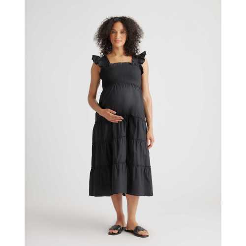 100% Organic Cotton Maternity Smocked Midi Dress in Black