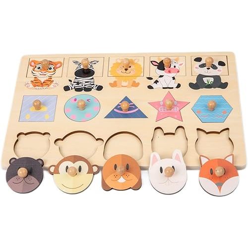 Adena Montessori Colorful Multiple Shape Puzzles Toys for 6-12 Months 1 Year Old Toddler Babies First Shapes Geometric Jumbo Knob Wooden Puzzle Color Sorter (Animals)
