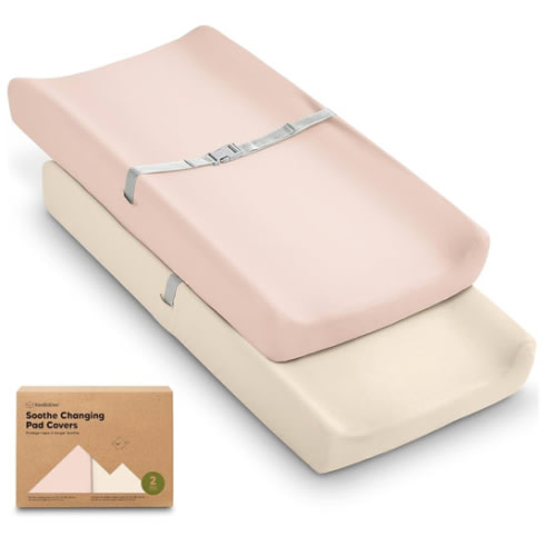 2-Pack Organic Changing Pad Covers for Girl, Boy, Neutral - 100% Cotton Changing Table Pad Cover, Soft Baby Nursery Diaper Changing Pad Sheets, Contour Changing Pads Liners, Change Pad Cover (Cameo)