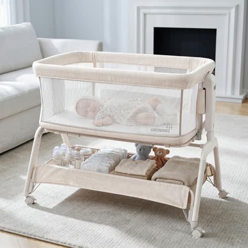 GROWNSY 5-in-1 Bassinet Bedside Sleeper with Gentle Rocking Mode, 6 Adjustable Heights, Full Breathable Mesh, Convertible to Portable Crib, Bassinets with Supportive Mattress & Wheels, Cream
