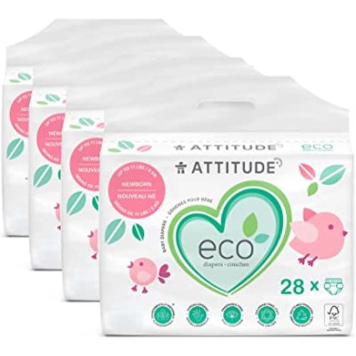 ATTITUDE Non-Toxic Diapers, Eco-Friendly, Safe for Sensitive Skin, Chlorine-Free, Leak-Free & Biodegradable Baby Diapers, Plain White, Newborn (Up to 11 lbs), 112 Count (4 Packs of 28)