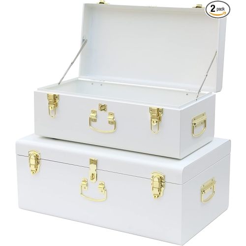 Vixdonos Decorative Metal Box Storage Trunks Set of 2 College Dorm Chest with Lock Hole,23.7X14.2X9.5 Inches(White)