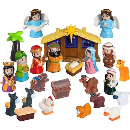 25 Pcs Nativity Set for Kids with Light, Christmas Nativity Toys Kids Nativity Play Set Include Baby Jesus, Mary, Joseph, Manger, Small Nativitys Scene for Toddlers Children Christian Religious Gifts