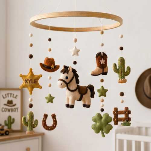 Personalized Cowboy Baby Mobile, Custom Western Nursery Bedroom Decor, Felt Horse Cactus Crib Mobile, Sheriff Star Boot Newborn Gift Shower