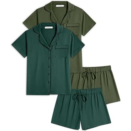 Ekouaer Womens Pajamas Set 2 Pack Button Down Summer Sleepwear Short Sleeve Comfy Pjs Loungewear Set