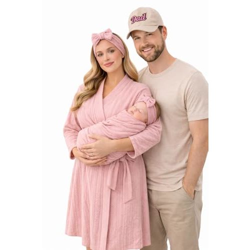 FUURY Mommy and Me Hospital Outfit Set Baby Girl – Robe, Swaddle, Headbands & Dad Hat -Pink