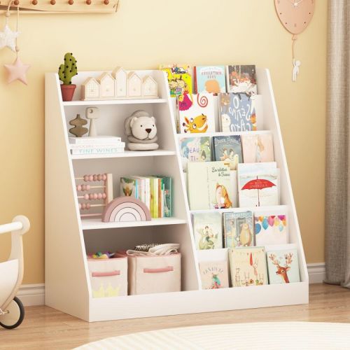 KTMBDW Kids Bookshelf and Toy Storage Organizer, 4 Tier Wooden Kids Book Shelf with Sling Book Rack in Kids Room Playroom Nursery for Kids, White