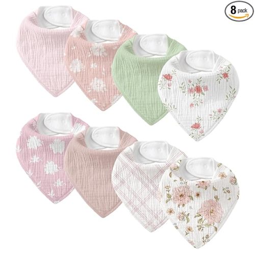 Muslin Baby Bibs 8 Pack, Baby Bandana Drool Bib for Drooling and Teething, Cotton Soft Absorbent for Girls Boys Garden