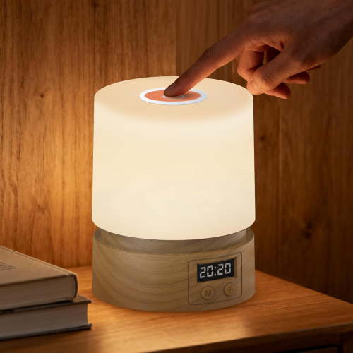 Nursery Night Light with Clock for Kids, Touch Lamp Bedside Desk Lamp, Portable Breastfeeding Night Lamp for Baby, 3 Color Stepless Dimming Up for Restaurant,Bedroom,Rechargeable (Wood Grain)
