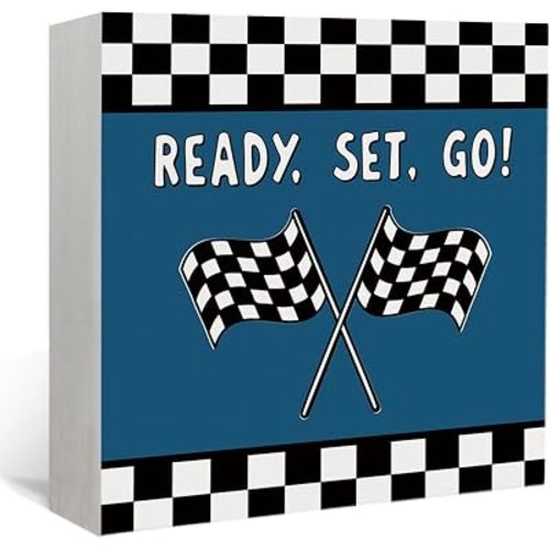 Lacama Race Car Boys Room Blue Ready Set Go Wooden Box Sign