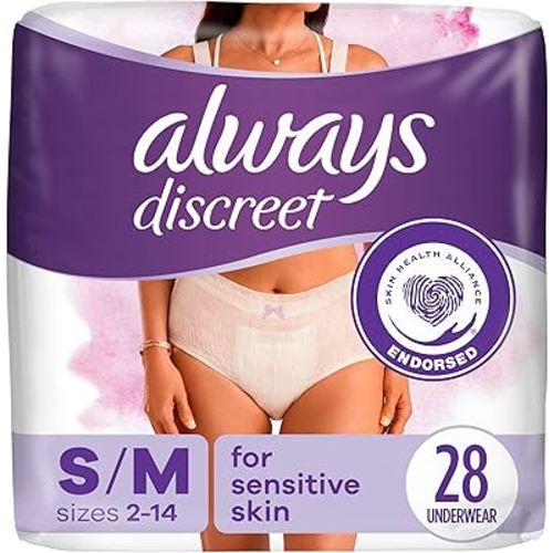 Always Discreet for Sensitive Skin Underwear, Four Times Skin Protection, Dermatologically Tested, Fragrance-Free, Maximum Absorbency, Small/Medium, 28 Count