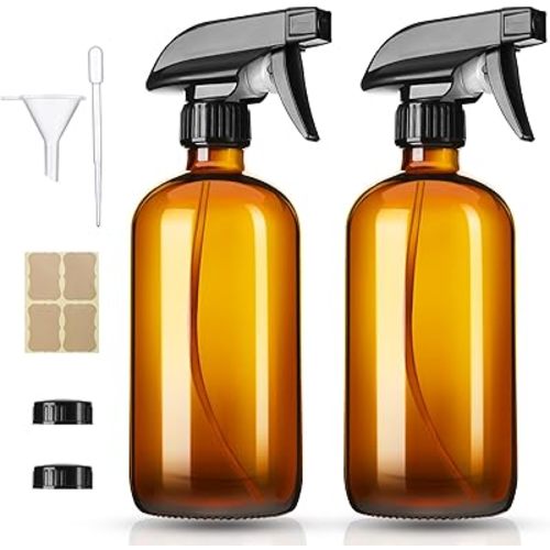 Vitreaux 2 Pack Amber Glass Spray Bottles,16oz Glass Spray Bottles Refillable Empty Containers with Adjustable Nozzle,Spray Bottle for Cleaning,Pets, Aromatherapy,Hair Mister,Squirt and Mist Setting