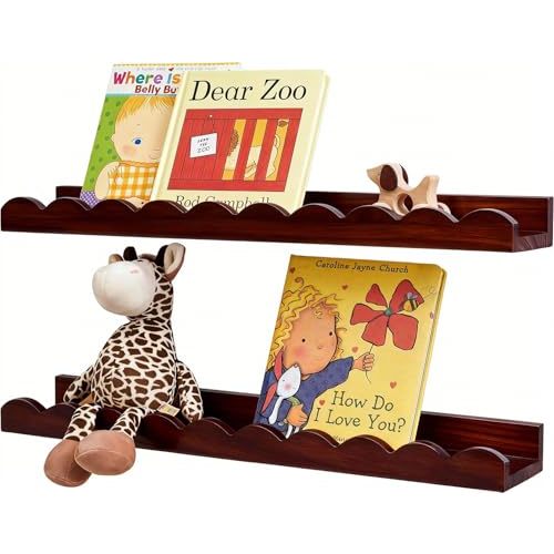 Scalloped Baby Book Floating Shelf for Wall 24inch Set of 2,Walnut | Solid Pine Wood Nursery Bookshelves with Wave Lip for Bedroom Kids, Toddler Room, Baby Room, Nursery Decor