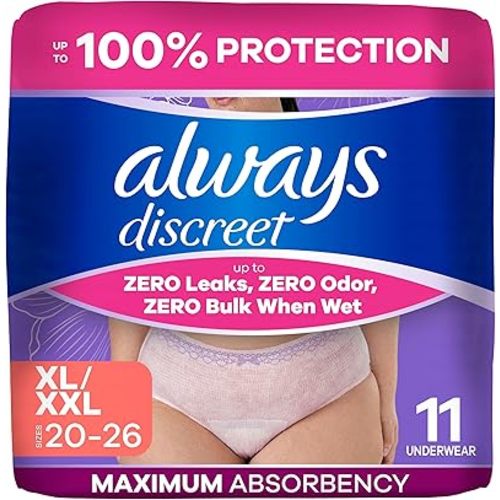 Always Discreet Reimagined Adult Diapers for Women, Maximum Absorbency Incontinence and Postpartum Underwear Size XL/XXL, Up to 100% Leak Free Bladder Leak Protection, 11 Count​
