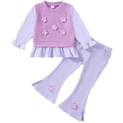 Kucnuzki Baby Girls Clothes Toddler Girl Clothes Floral Crewneck Sweatshirt and Flare Pants Fall Winter Outfits 6M-5T