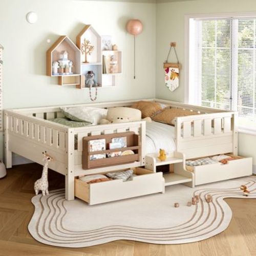 Bellemave Queen Size Toddler Bed with 14’’ Safety Guardrails, Space-saving Bed Frame with Built-in Bookshelves & 2 Under-Bed Storage Drawers, Beige