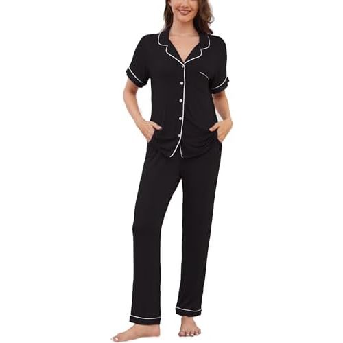 Womens Pajama Set Soft Pjs Short Sleeve Sleepwear with Long Pants 2 Piece Lounge Sets S-XXL