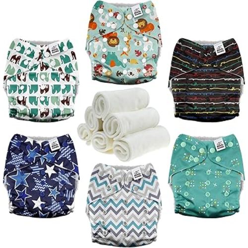Mama Koala 3.0 Cloth Diapers for Babies with AWJ Lining, 6 Pack with 6 Natural Cloth Diaper Inserts - Reusable and Washable Pocket Diapers (Jagger-R)