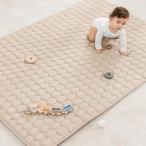 Comfy Cubs Rectangle Kids Play Mat - Medium 48 x 72 inches Soft Quilted Baby Floor Mat with Non-Slip Bottom - Plush Design for Toddlers Playtime - Comfortable and Durable - Sand