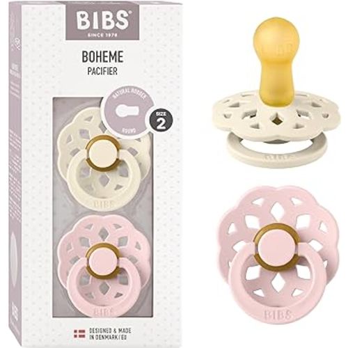 BIBS Pacifiers - Boheme Collection | BPA-Free Round Nipple | Nautral Rubber Latex | Made in Denmark | Set of 2 Ivory/Blossom Color Premium Soothers | Size 6-18 Months