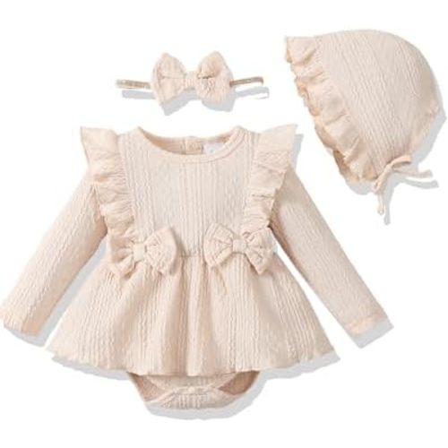 Renotemy Newborn Baby Girl Clothes Infant Girl Outfits Knit Romper Dress with Hat Baby Clothes for Girls 0-18 Months