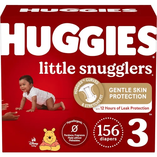 Huggies Size 3 Diapers, Little Snugglers Baby Diapers, Size 3 (16-28 lbs), 156 Ct (6 packs of 26), Packaging May Vary
